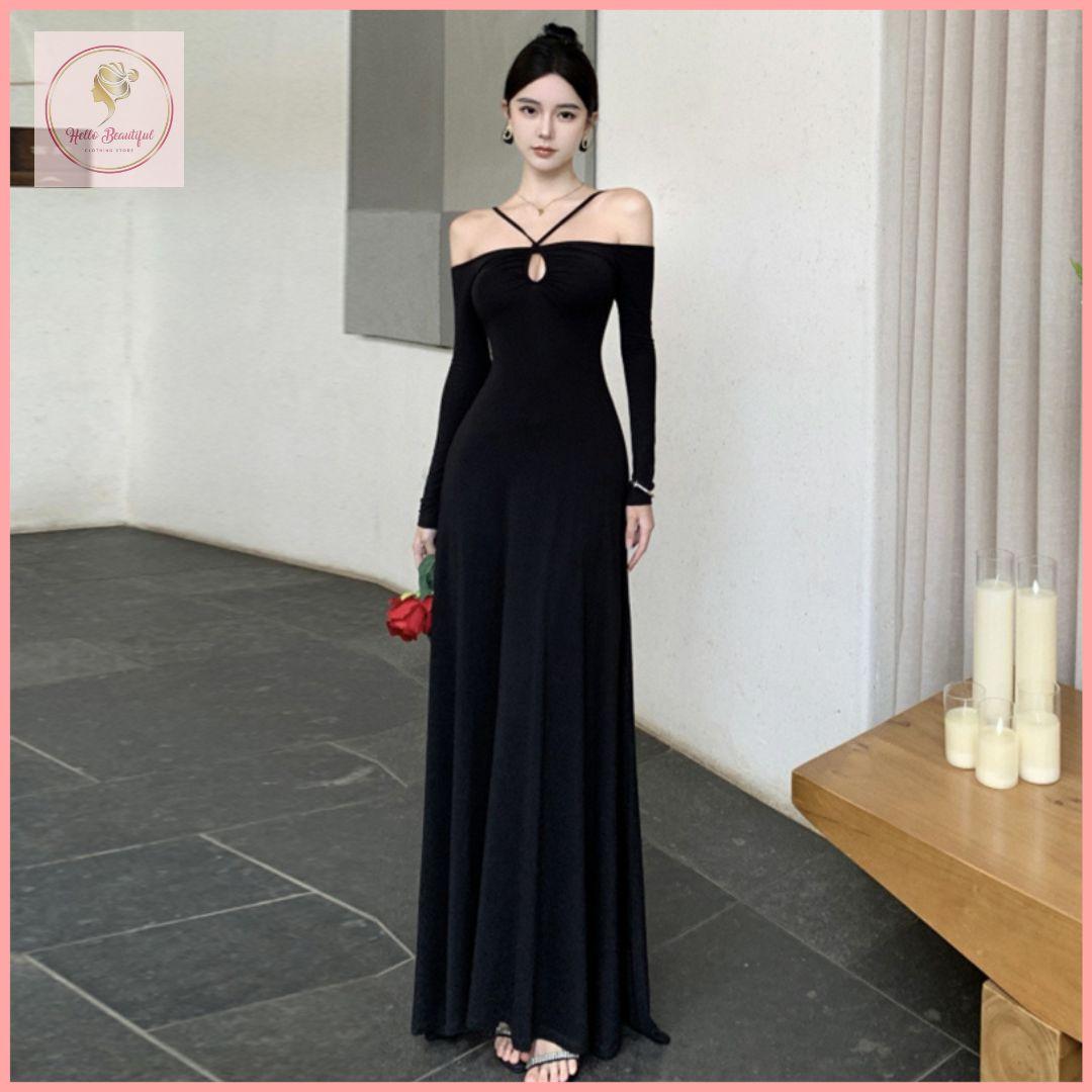 HB5255 Women's hollow neck long-sleeved dress high waist A-line skirt slim drape long skirt