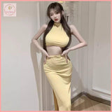 HB2422 Women's Sleeveless dress long skirt hollow waist slim high waist slit mid-length dress slim Womenswear