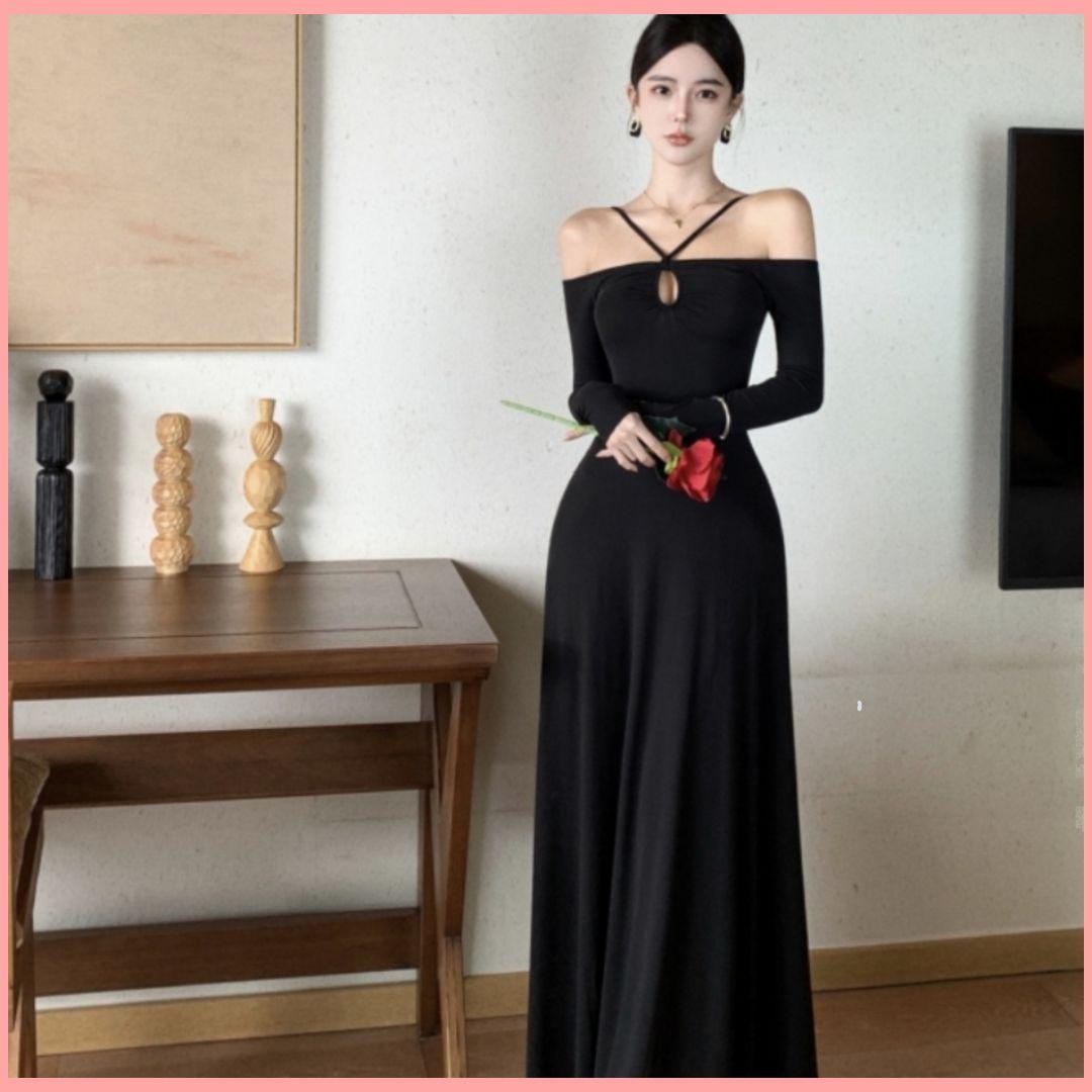 HB5255 Women's hollow neck long-sleeved dress high waist A-line skirt slim drape long skirt