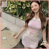 HB5522 Women's pink knitted suit sweet girl slim fit top hip skirt two pieces