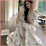 HB4941 Women's lantern long-sleeved dress gentle seaside V-neck floral long dress