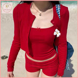 HB5469 Women's suit red long-sleeved cardigan inner suspenders tight shorts three-piece suit for women