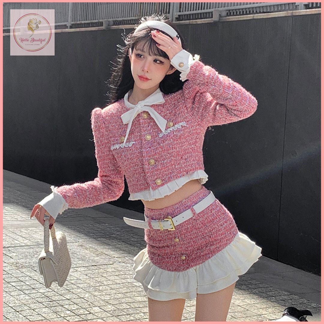 HB5053 Women's style suit, feminine ladylike bow, long-sleeved short coat top, spring and summer A-line short skirt two-piece set