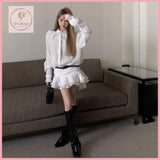 HB5640 Women's long-sleeved shirt dress women's spring waist ruffle skirt white design a-line short skirt