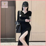 HB5237 Women's Black v-neck hooded slit dress slim fit medium long skirt