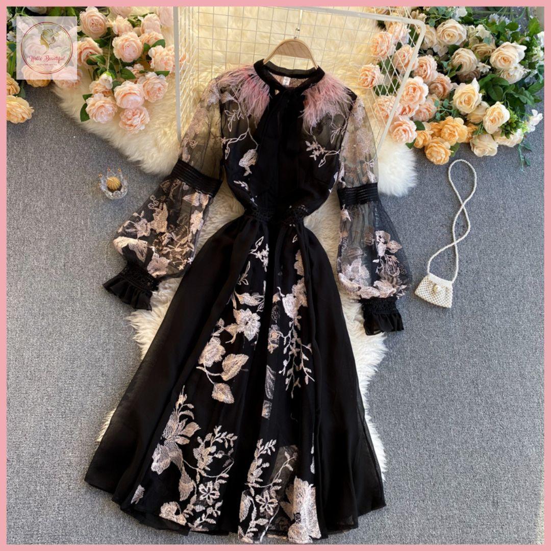 HB2982 Women's Dress  embroidery flowers fur round neck tie temperament elegant Long sleeve Black dress