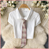 HB5620 Women's Style Suit - Summer Polo Collar Short Sleeve Plaid Pleated Skirt