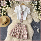 HB5620 Women's Style Suit - Summer Polo Collar Short Sleeve Plaid Pleated Skirt