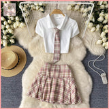 HB5620 Women's Style Suit - Summer Polo Collar Short Sleeve Plaid Pleated Skirt