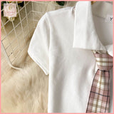 HB5620 Women's Style Suit - Summer Polo Collar Short Sleeve Plaid Pleated Skirt