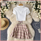 HB5620 Women's Style Suit - Summer Polo Collar Short Sleeve Plaid Pleated Skirt