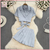 HB5635 Women's coords Fashion suit for women in summer, short shirt with collar and two-piece high waist, pleated skirt and short skirt