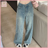 HB4251 Women's denim pants Pearl design Straight Jeans Women Spring and Autumn Design Pants fitted High Waist Loose Wide Pants Mopping Trousers