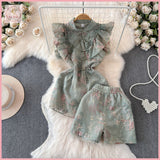 HB5648 Women's suit summer new heavy embroidery buttoned split dress + high waist shorts two-piece suit