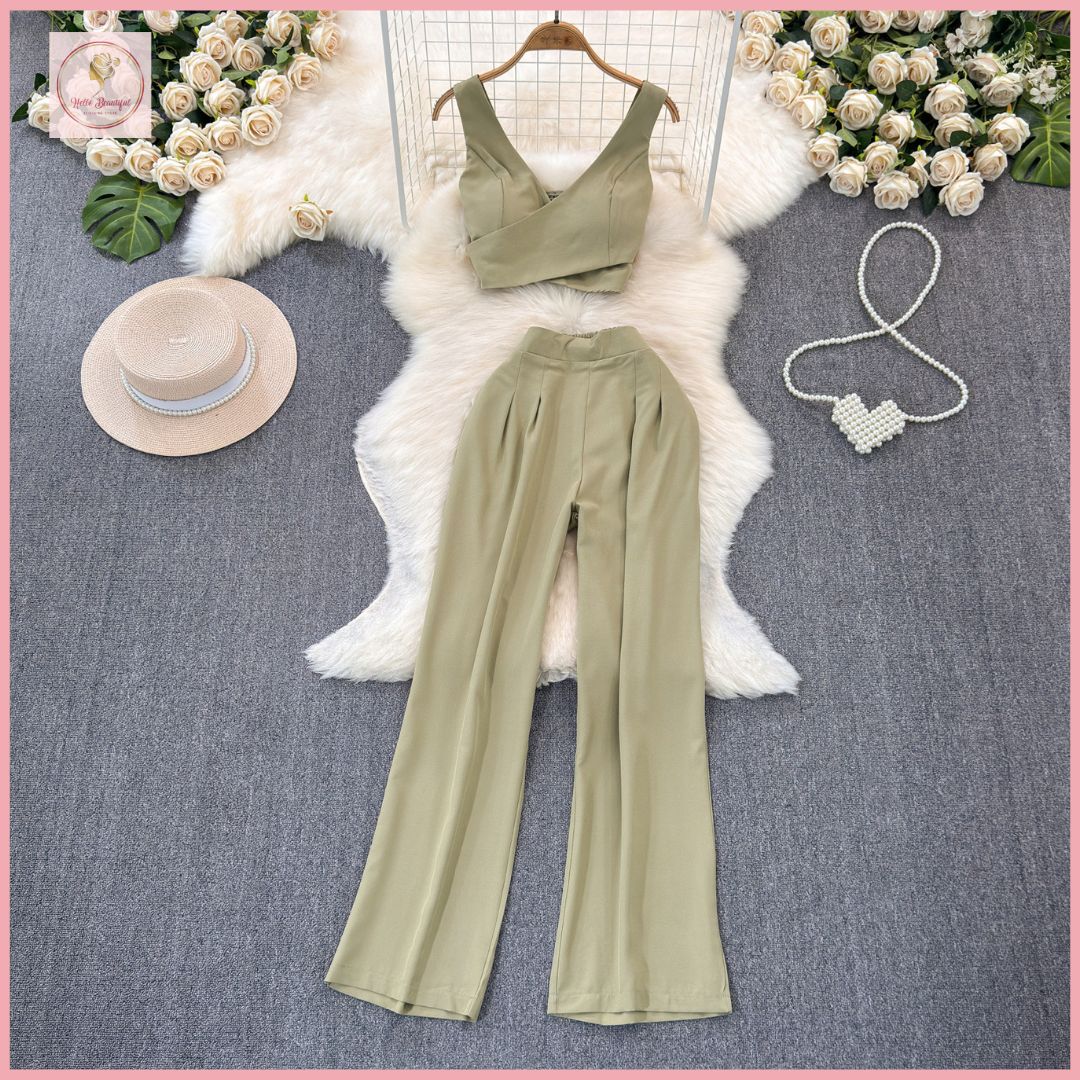 HB5654 Women Coords Fashion suit for women in summer, Korean style fitted , padded top, two-piece suit, casual, high waisted straight cut wide pants