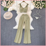 HB5654 Women Coords Fashion suit for women in summer, Korean style fitted , padded top, two-piece suit, casual, high waisted straight cut wide pants