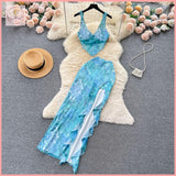 HB5179 Women's Beach Vacation Floral Suit Summer Suspender Tube Top Vest + High Waist Ruffled Slit Maxi Skirt