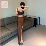 HB5149 Women's Suit Skirt Feminine Fishbone Strap Top + High Waist Slit Covering Hips One-Step Long Skirt Two-piece Set