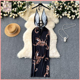 HB5629 Womens dress Scheming hollow low-cut halter neck suspender female sexy hot girl dress backless suspender printed dress