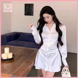 HB5454 Women's Dress High-grade waisted satin shirt dress for women, new summer style, elegant lady style, long-sleeved A-line short skirt