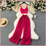 HB5625 Women's coords two-piece suit summer style vacation lace camisole + high waist casual trousers set