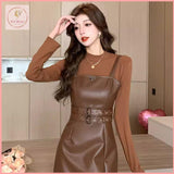 HB5417 Women's leather skirt dress set two-piece suit high waist