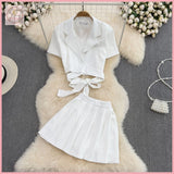 HB5635 Women's coords Fashion suit for women in summer, short shirt with collar and two-piece high waist, pleated skirt and short skirt