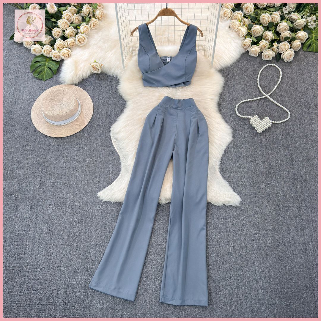 HB5654 Women Coords Fashion suit for women in summer, Korean style fitted , padded top, two-piece suit, casual, high waisted straight cut wide pants