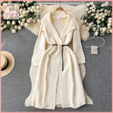 HB4674 Women's Autumn and winter lazy style sweater coat loose mid-length lapel twisted cardigan shawl waist versatile knitted sweater