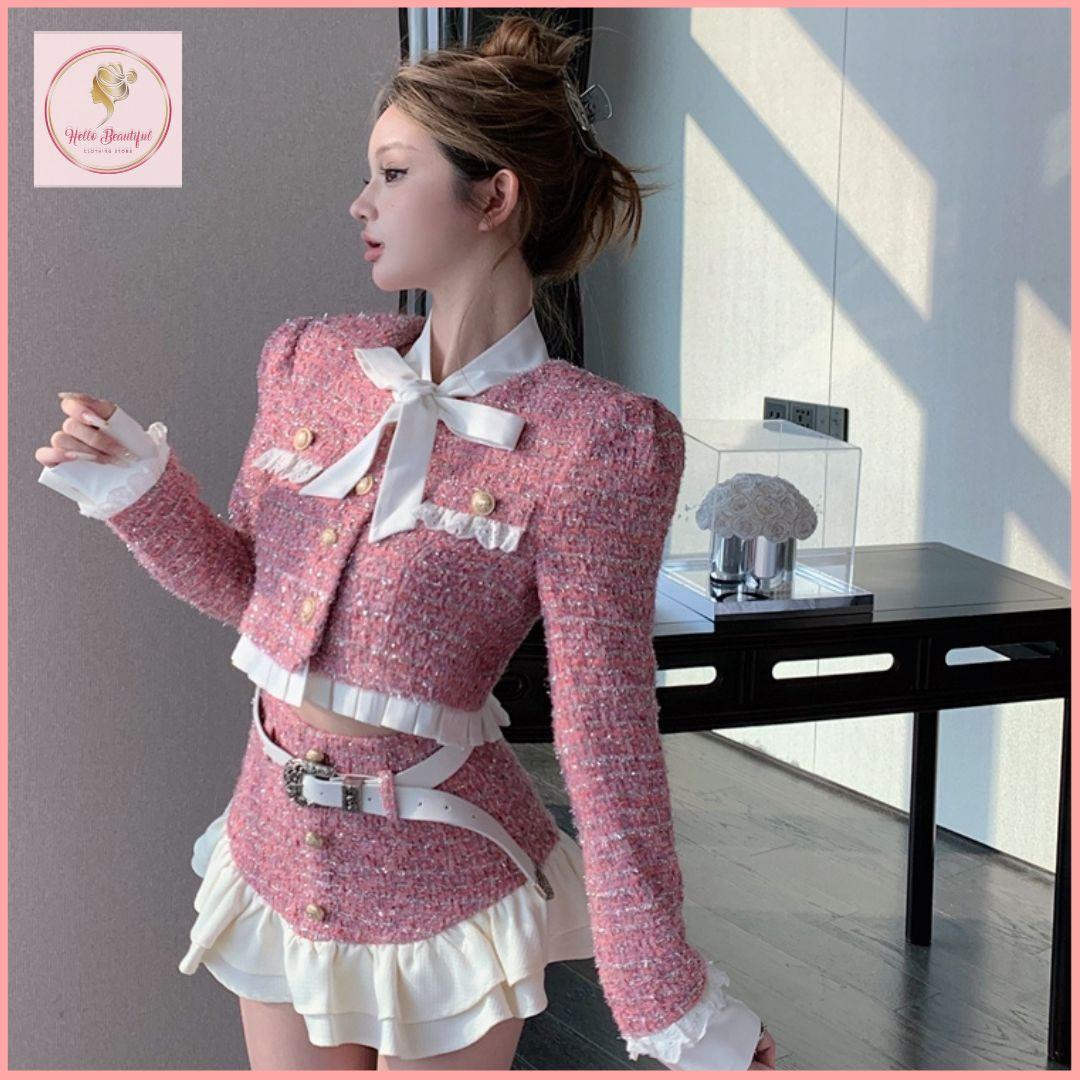 HB5053 Women's style suit, feminine ladylike bow, long-sleeved short coat top, spring and summer A-line short skirt two-piece set