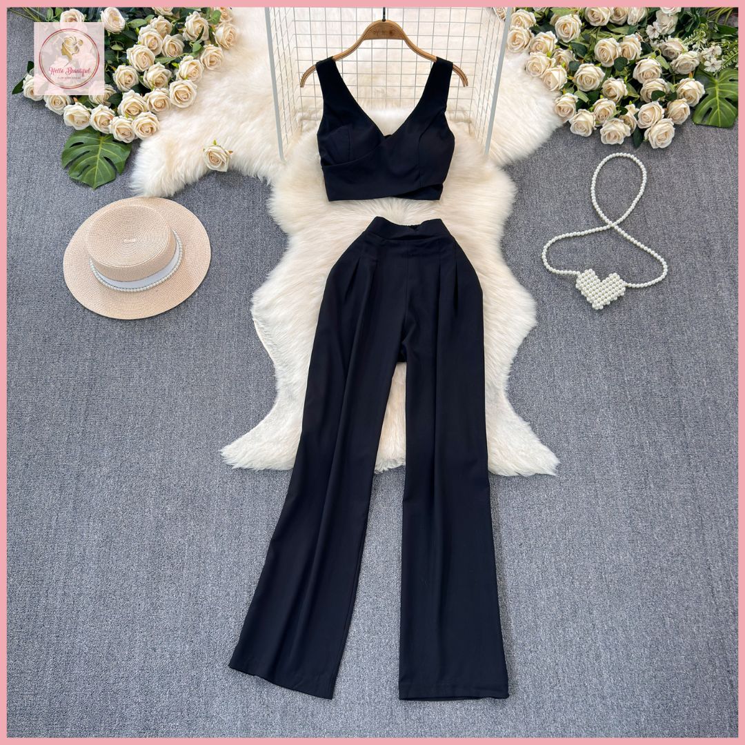 HB5654 Women Coords Fashion suit for women in summer, Korean style fitted , padded top, two-piece suit, casual, high waisted straight cut wide pants