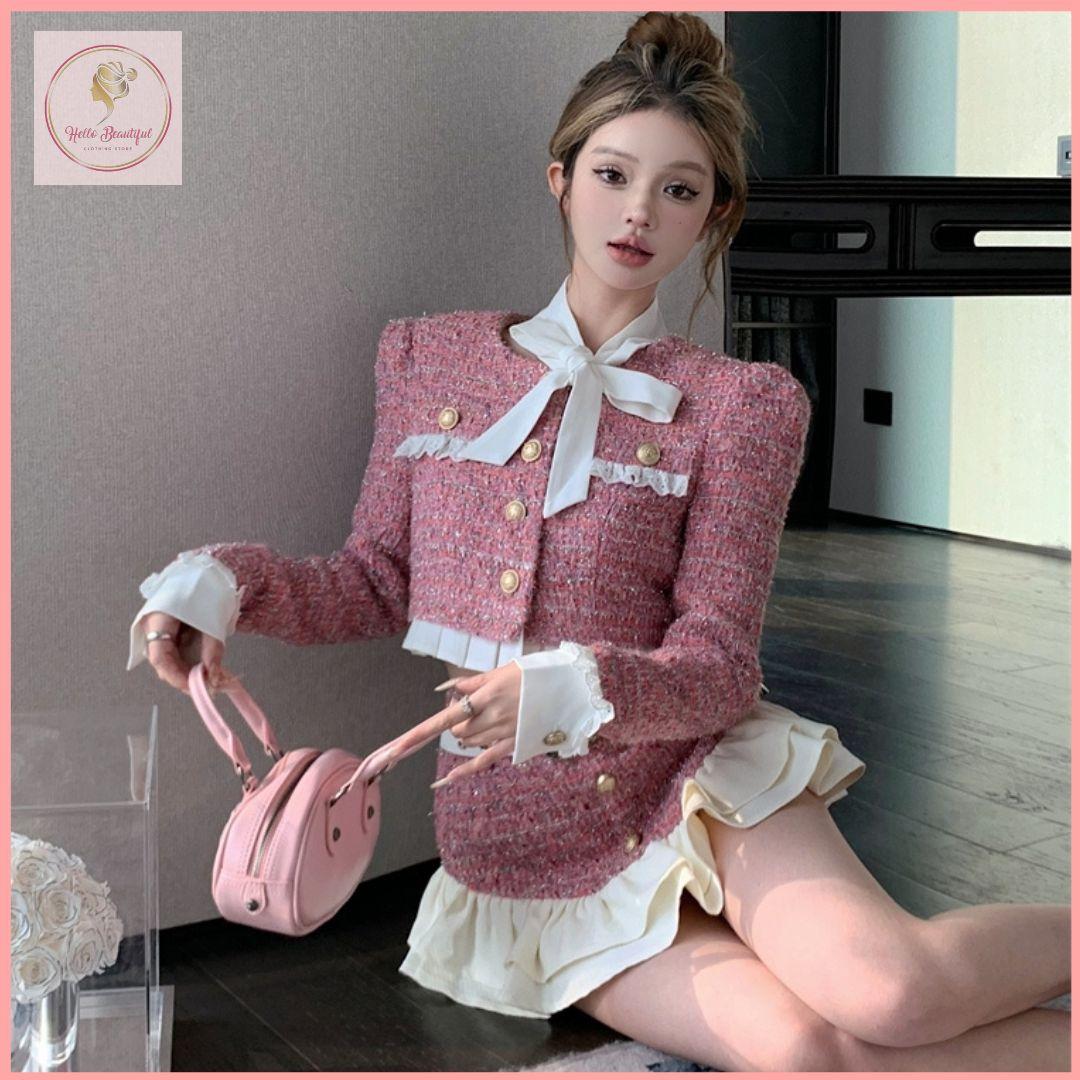 HB5053 Women's style suit, feminine ladylike bow, long-sleeved short coat top, spring and summer A-line short skirt two-piece set