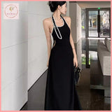 HB5438 Women's backless black halter dress slimming temperament A-line long skirt