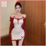 HB5491 Women's bowknot floral suspender dress slim sweet girl hip skirt lace patchwork waist short skirt