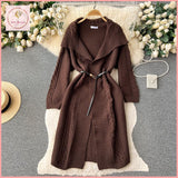 HB4674 Women's Autumn and winter lazy style sweater coat loose mid-length lapel twisted cardigan shawl waist versatile knitted sweater