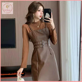 HB5417 Women's leather skirt dress set two-piece suit high waist