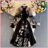 HB2982 Women's Dress  embroidery flowers fur round neck tie temperament elegant Long sleeve Black dress