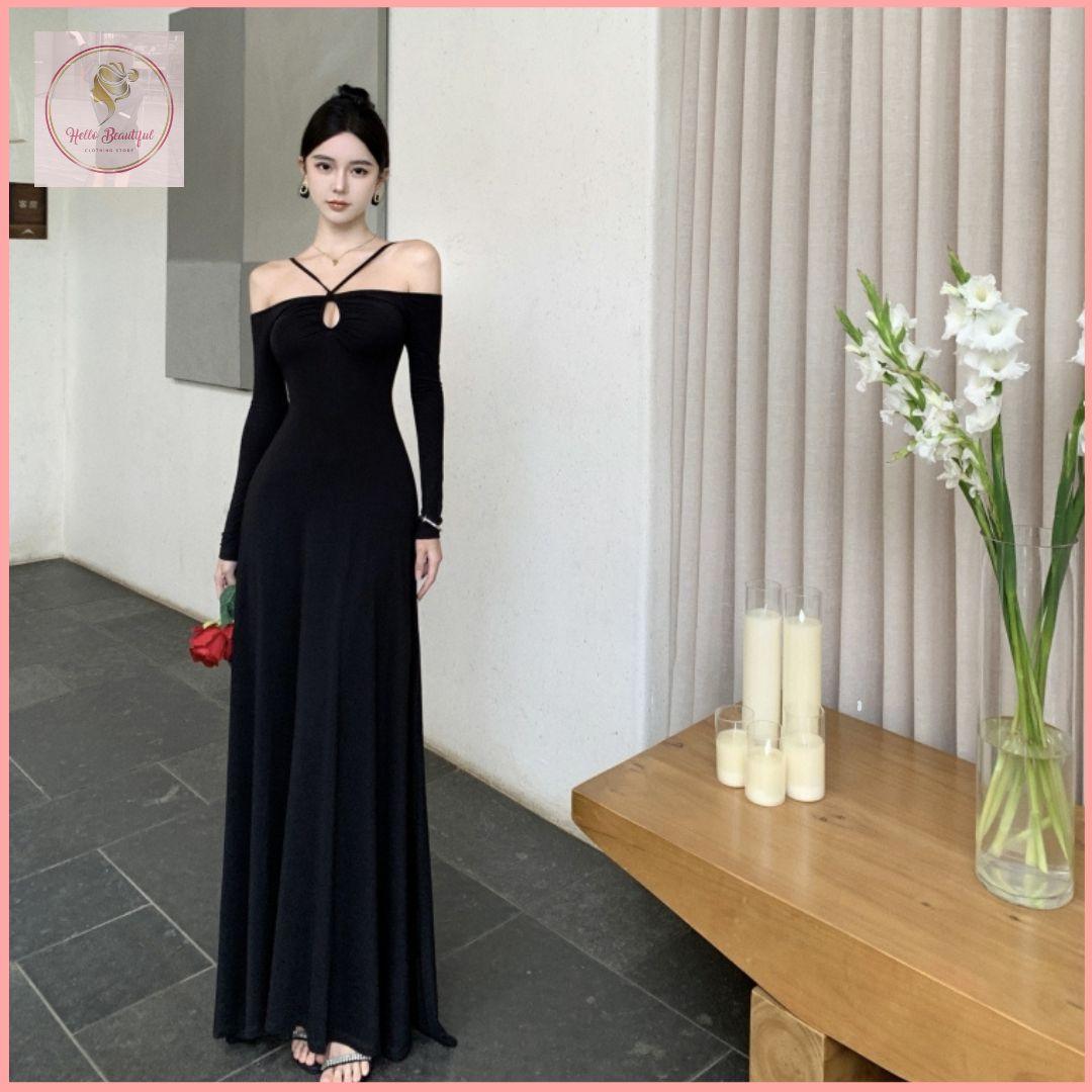 HB5255 Women's hollow neck long-sleeved dress high waist A-line skirt slim drape long skirt