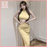 HB2422 Women's Sleeveless dress long skirt hollow waist slim high waist slit mid-length dress slim Womenswear