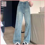 HB4251 Women's denim pants Pearl design Straight Jeans Women Spring and Autumn Design Pants fitted High Waist Loose Wide Pants Mopping Trousers