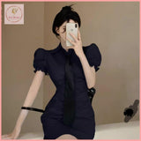 HB3546 Women's polo collar white shirt dress short-sleeved single-breasted slim hip skirt