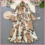 HB5398 Women's dress Fashionable lady temperament trumpet long sleeve bow tie fitted waistline A-line print large swing pleated dress Womenswear