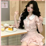 HB5628 Women's style pink suit skirt bow slim short top high waist skirt two-piece suit