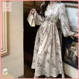 HB4941 Women's lantern long-sleeved dress gentle seaside V-neck floral long dress