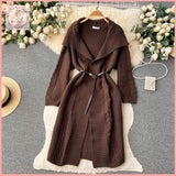 HB4674 Women's Autumn and winter lazy style sweater coat loose mid-length lapel twisted cardigan shawl waist versatile knitted sweater