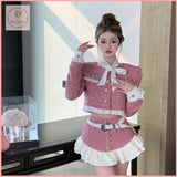 HB5053 Women's style suit, feminine ladylike bow, long-sleeved short coat top, spring and summer A-line short skirt two-piece set