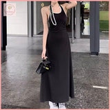 HB5438 Women's backless black halter dress slimming temperament A-line long skirt