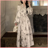 HB4941 Women's lantern long-sleeved dress gentle seaside V-neck floral long dress