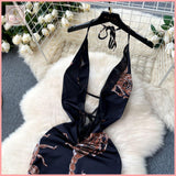 HB5629 Womens dress Scheming hollow low-cut halter neck suspender female sexy hot girl dress backless suspender printed dress