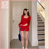 HB5469 Women's suit red long-sleeved cardigan inner suspenders tight shorts three-piece suit for women